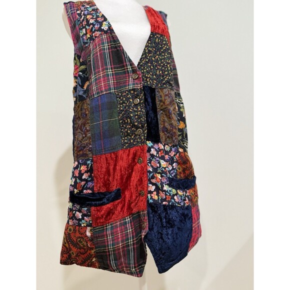 Vintage Blue Patchwork Vest Women’s Large Tie Back Button Front - Picture 8 of 16